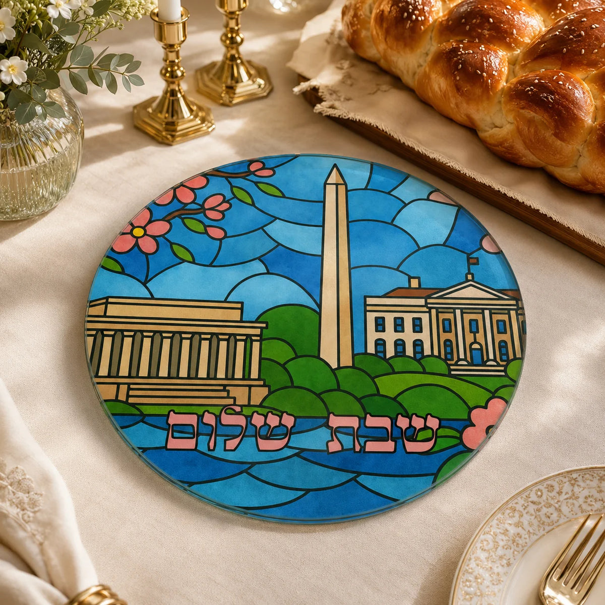 Washington, DC Stained Glass Challah Board, Round