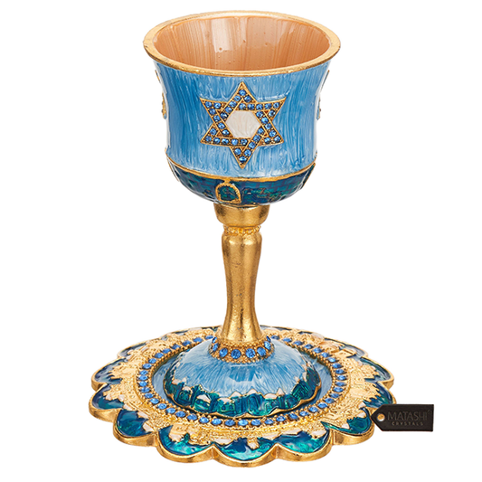 Hand-Painted Enamel Tall 5" Kiddush Cup Set w Stem and Tray
