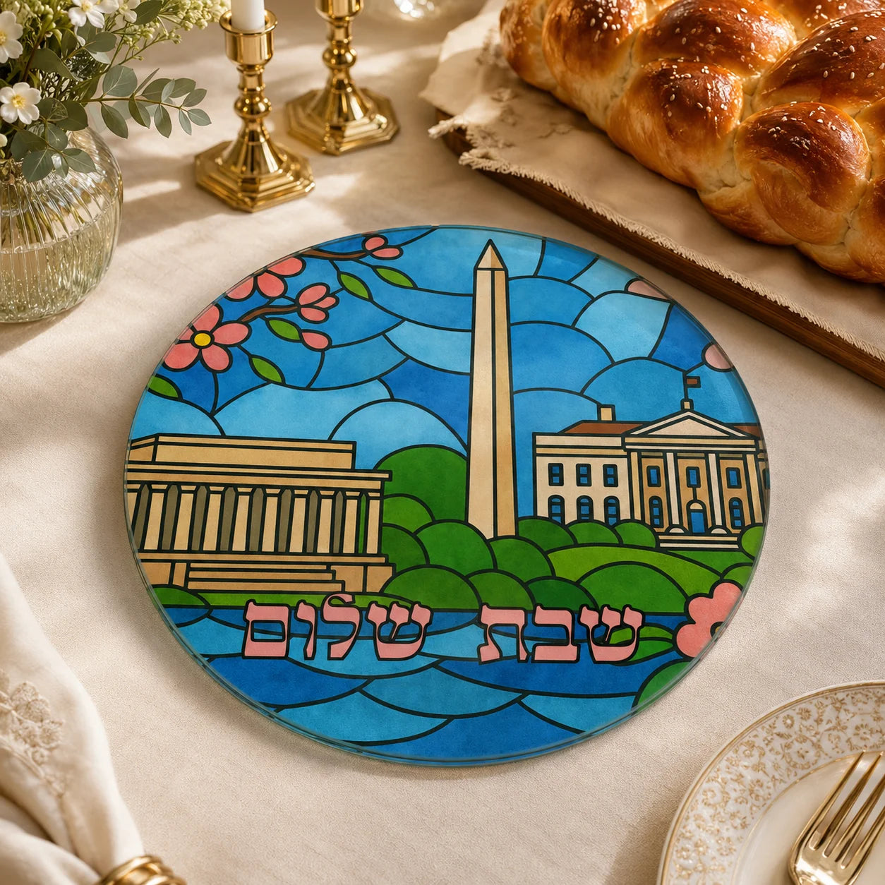Washington, DC Stained Glass Challah Board, Round