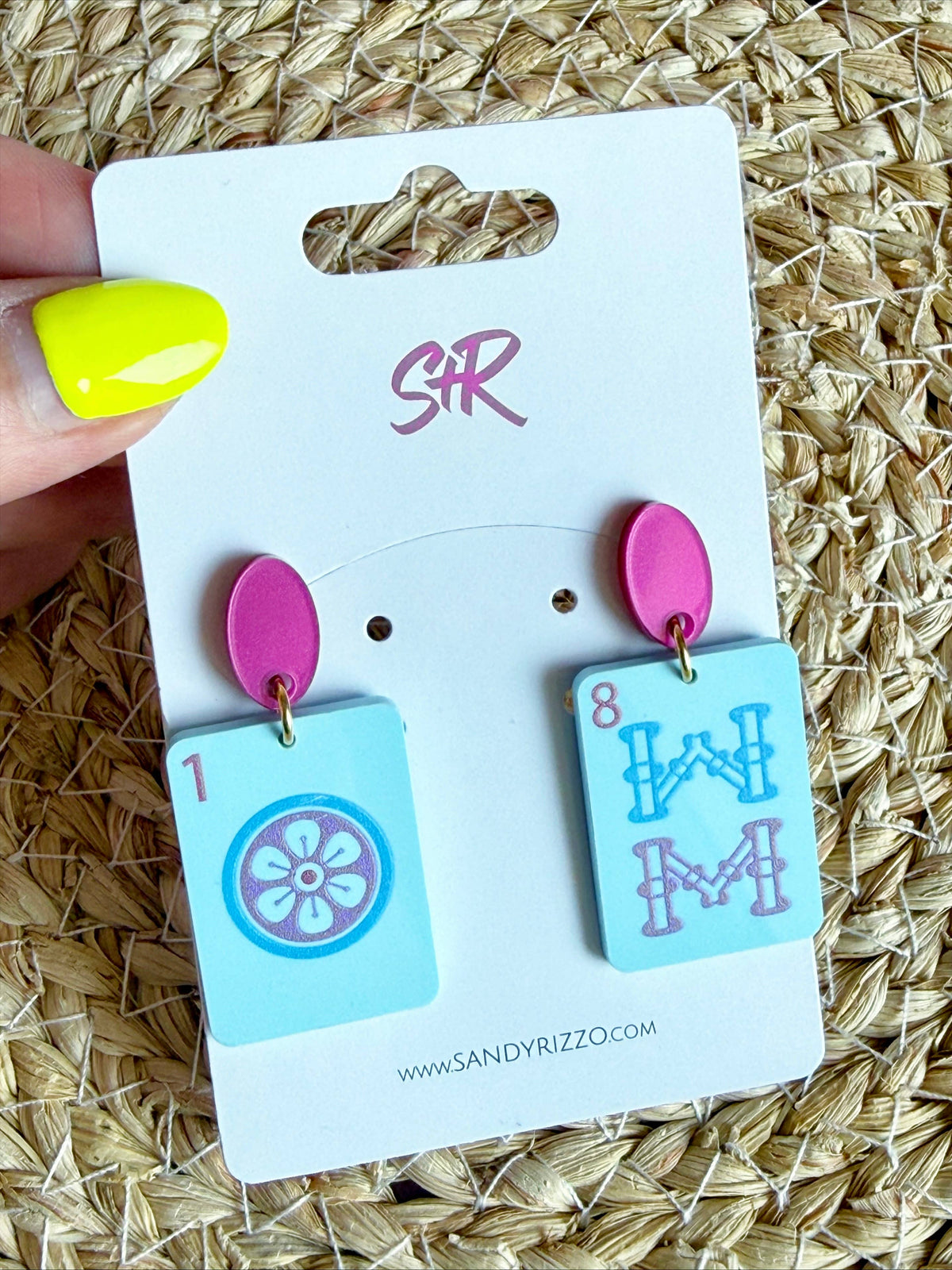 Blue Mahjong Tile Dangle Earrings