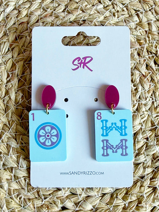 Blue Mahjong Tile Dangle Earrings