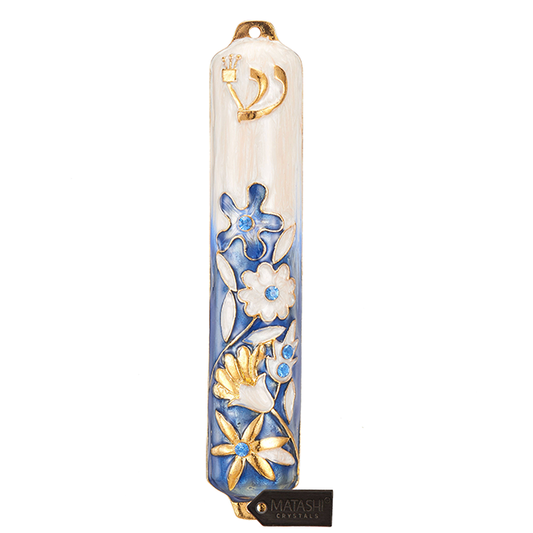 Hand Painted 5" Blue and Ivory Enamel Flower Mezuzah