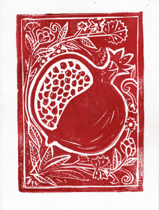 Rosh Hashanah Pomegranate Block Print Handmade Set of Four - Fox Print Cards